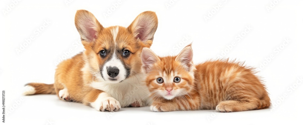 Cute Welsh corgi puppy and a red kitten sit together on a white background. isolated on a white background Cute Welsh corgi puppy and a red kitten sit together on a white background. isolated on a white background