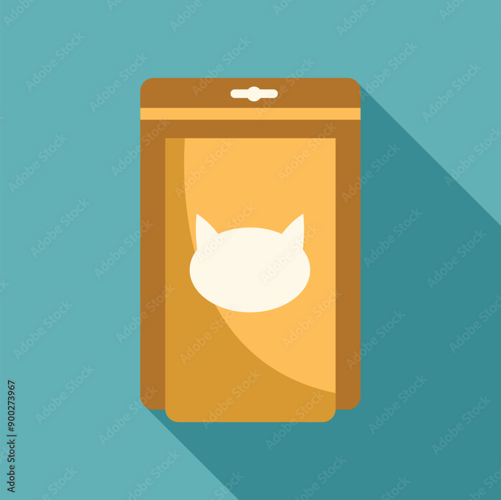 Cat food pouch standing up, displaying its branding on a turquoise background Cat food pouch standing up, displaying its branding on a turquoise background
