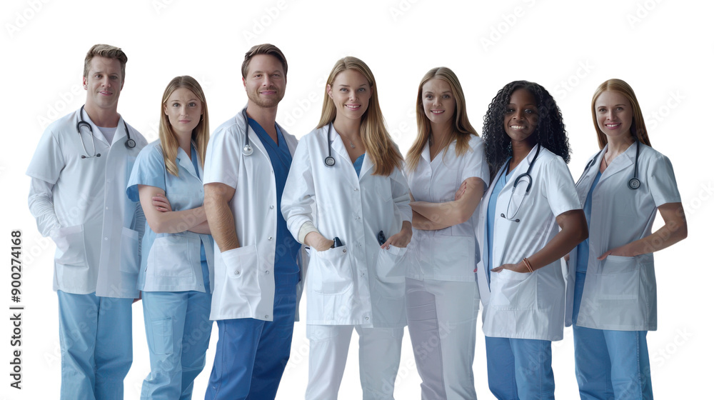 Group of Diverse Healthcare Professionals Standing Together in Surgical Attire at a Medical Facility Group of Diverse Healthcare Professionals Standing Together in Surgical Attire at a Medical Facility