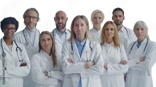 Diverse Group of Medical Professionals in Lab Coats Standing Confidently With Stethoscopes in Modern Clinic Environment