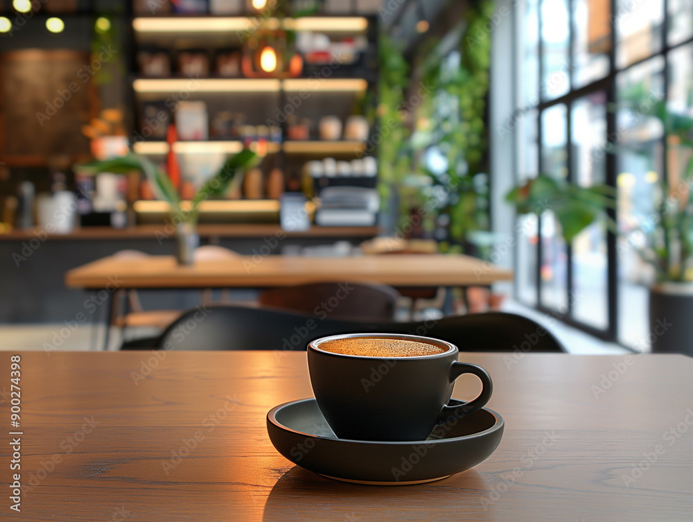 Cup of coffee on a table in a cozy cafe with blurred background and warm lighting
