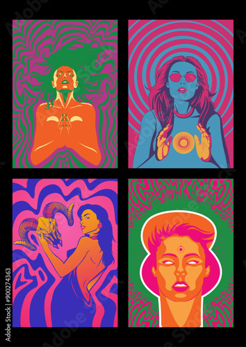 1960s Style Psychedelic Posters, Sexy Women, Love Psychedelic Acid Color Backgrounds
