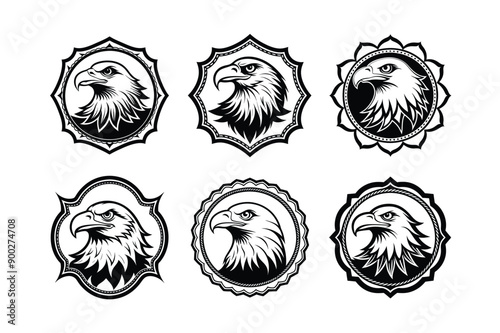 Bald Eagle’s logo set, labeled linocut vector design illustration.