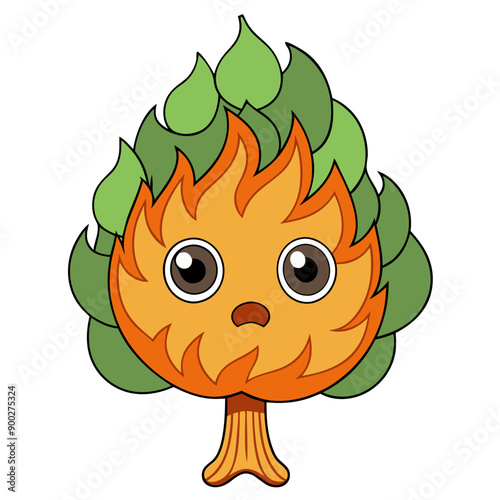 kawaii tree with sad expression surrounded by flickering flames