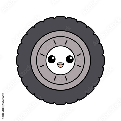 Charming kawaii tyre character with joyful expression, design element