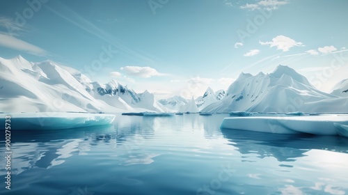 Serene Arctic landscape with majestic icebergs and calm waters reflecting the blue sky and snowy mountains.