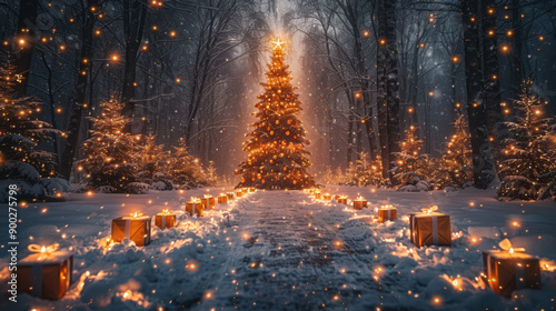 Christmas tree and gift boxes, winter abstract landscape