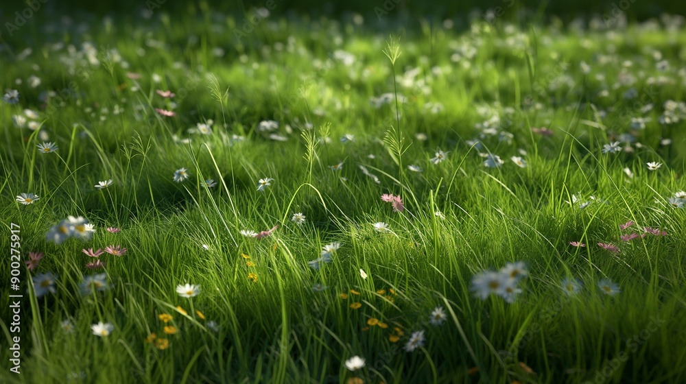 A field of wild grass interspersed with wildflowers, focusing on the interaction between the natural flora and the vibrant green grass texture. A field of wild grass interspersed with wildflowers, focusing on the interaction between the natural flora and the vibrant green grass texture.