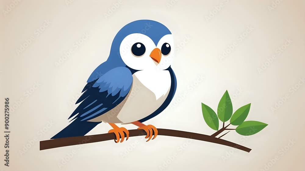 Cute cartoon bird perched on a branch with green leaves, isolated on a light background. Cute cartoon bird perched on a branch with green leaves, isolated on a light background.