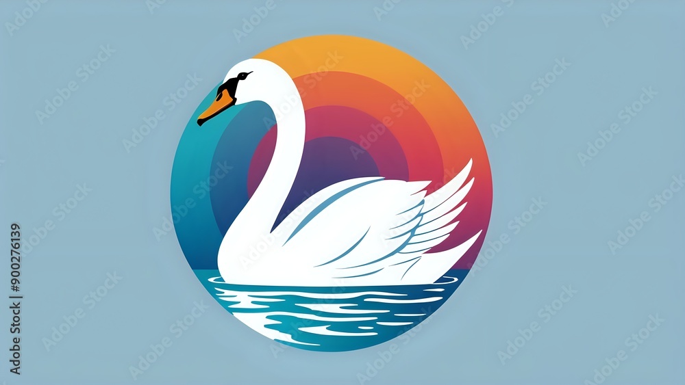 A white swan with an orange beak, swimming in blue water, against a colorful background. A white swan with an orange beak, swimming in blue water, against a colorful background.