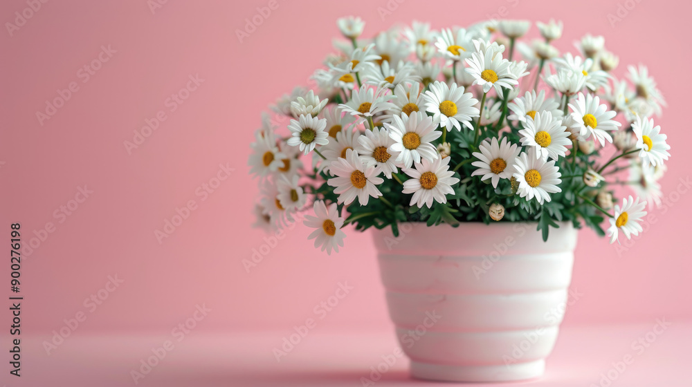 A beautiful bouquet of daisies in a white pot against a soft pink background, perfect for brightening up any space. A beautiful bouquet of daisies in a white pot against a soft pink background, perfect for brightening up any space.