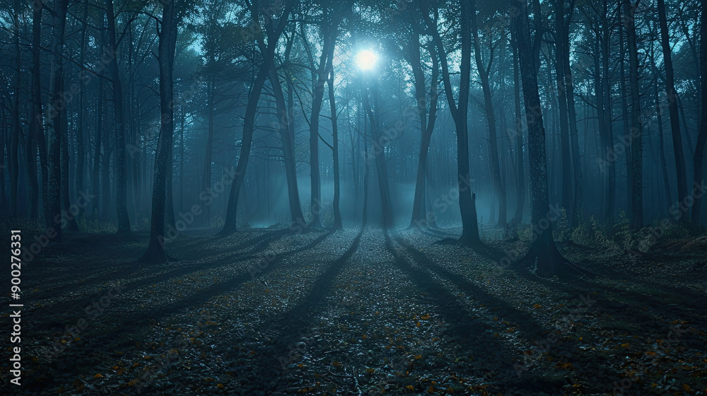 Obraz premium A mysterious forest illuminated by moonlight, casting long shadows and enveloped in mist, creating an enchanting atmosphere.