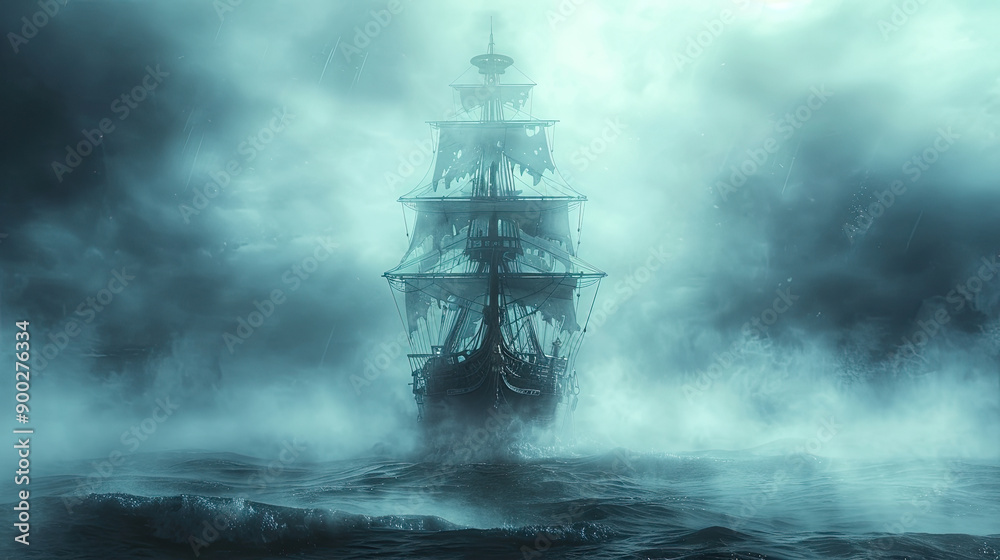A mysterious ship emerges through dense fog, evoking a sense of adventure and intrigue on the high seas. A mysterious ship emerges through dense fog, evoking a sense of adventure and intrigue on the high seas.