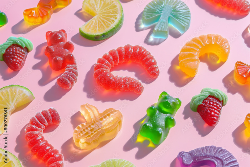 Colorful Gummy Candies on Pink Background Colorful Gummy Candies on Pink Background