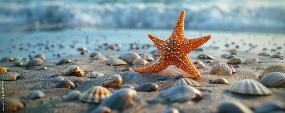 Serene beach scene with a starfish and seashells on sandy shore, with waves in the background under a blue sky. Serene beach scene with a starfish and seashells on sandy shore, with waves in the background under a blue sky.