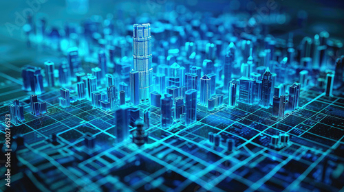 Futuristic cityscape with illuminated buildings and a digital grid representing advanced technology and urban development.