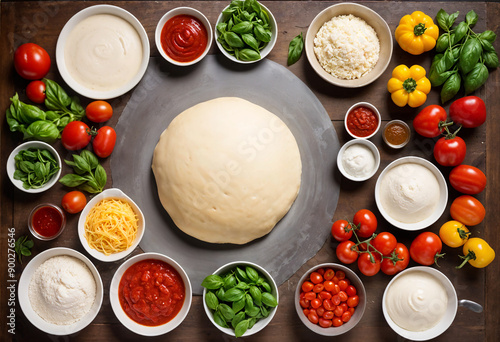 A top-down view of a well-organized layout of essential cooking items.  ball of dough, a small bowl of tomato sauce, slices of mozzarella cheese, fresh basil leaves, and ripe cherry tomatoes. 