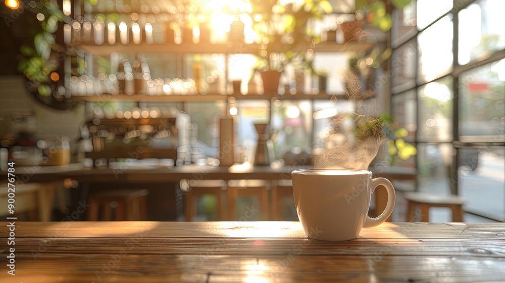 Steaming Cup of Coffee on a Wooden Table in a Cozy Café Steaming Cup of Coffee on a Wooden Table in a Cozy Café
