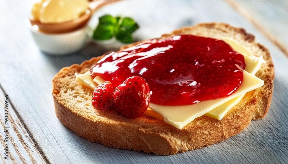 Slice of bread, with butter and strawberry jam Slice of bread, with butter and strawberry jam