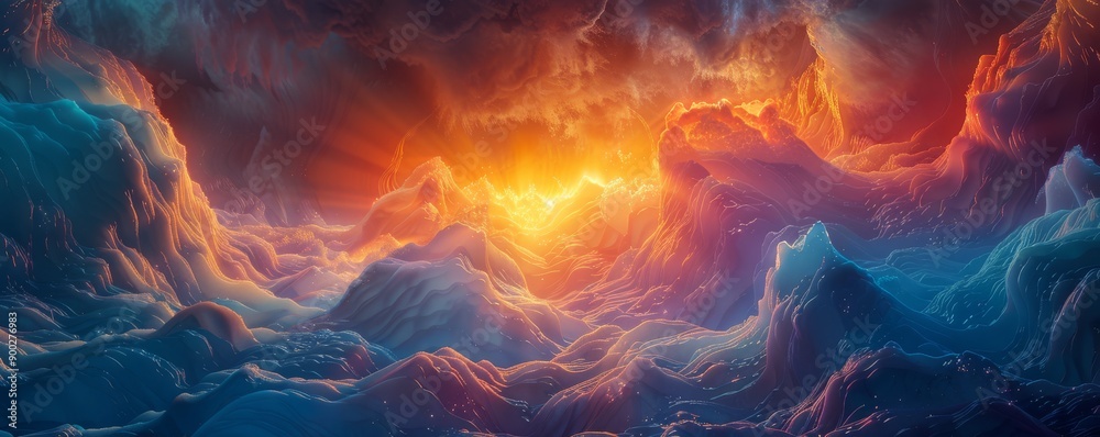 A breathtaking digital artwork depicting a surreal mountain landscape with vibrant colors as if the sky is ablaze with fire and ice. A breathtaking digital artwork depicting a surreal mountain landscape with vibrant colors as if the sky is ablaze with fire and ice.