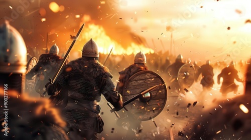 Medieval warriors in battle with weapons and shields, charging through the smoke and flames of combat during a fiery sunset.