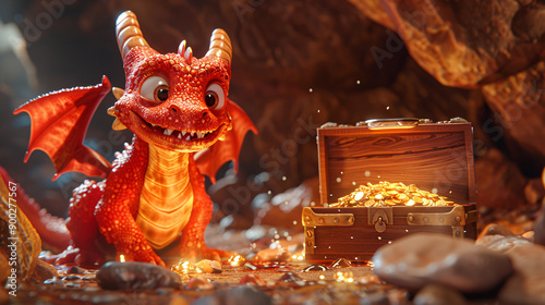 Magical 3D Cartoon Dragon with Treasure Chest in Cave | Fantasy Creature with Copy Space for Text