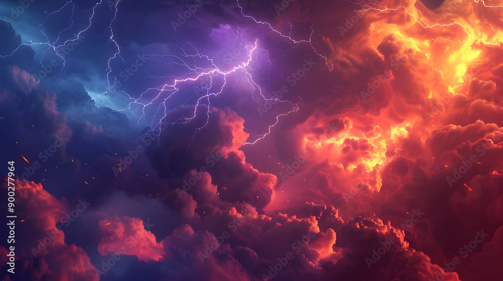 A fiery lightning storm rages through dramatic clouds, creating an intense and vivid scene in the sky. A fiery lightning storm rages through dramatic clouds, creating an intense and vivid scene in the sky.