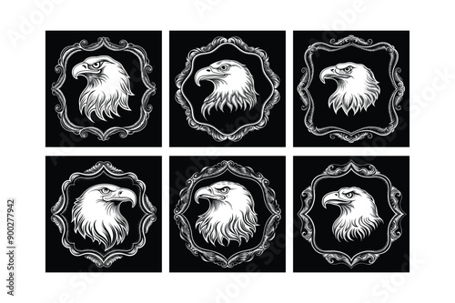 Bald Eagle’s logo set, labeled engraving vector design illustration.