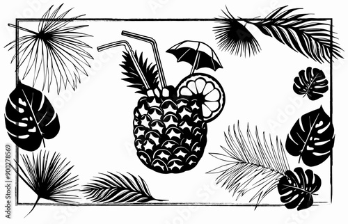 cocktail in pineapple in tropical leaves vector