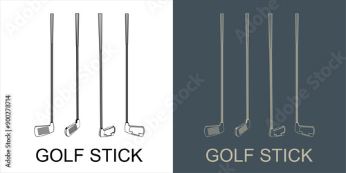 set of golf stick Blueprint  technical image line art