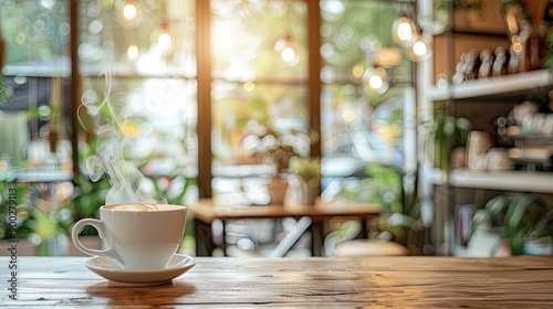 Wallpaper Mural Steaming Cup of Coffee on a Wooden Table in a Cozy Café Torontodigital.ca