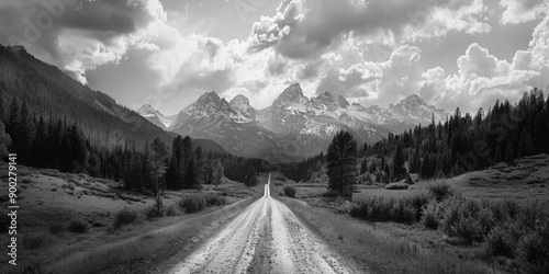 A classic image of a dirt road winding through the mountains, shot in black and white