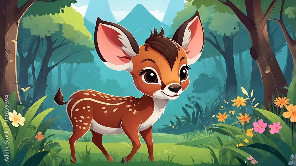 Cute fawn in a serene natural setting with green grass, flowers, and a river in the background. Perfect for naturethemed designs. Cute fawn in a serene natural setting with green grass, flowers, and a river in the background. Perfect for naturethemed designs.