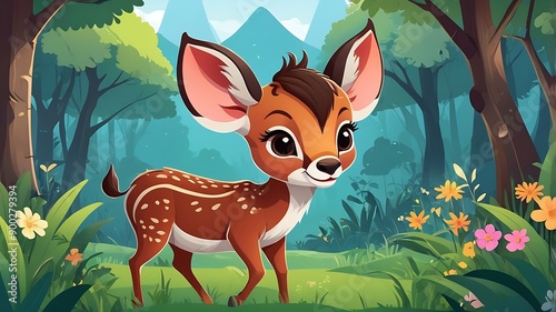 Cute fawn in a serene natural setting with green grass, flowers, and a river in the background. Perfect for naturethemed designs. © Get it