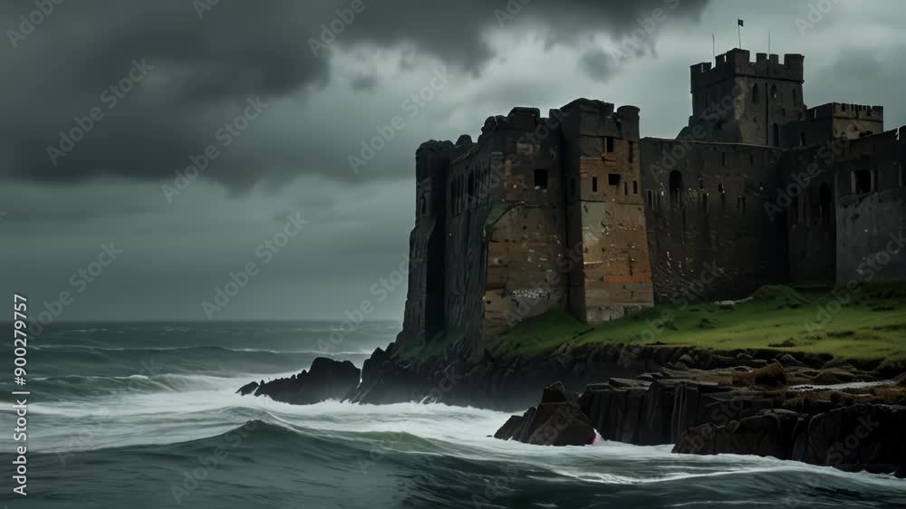 A Stone Castle on an Island Under a Cloudy Sky A Stone Castle on an Island Under a Cloudy Sky