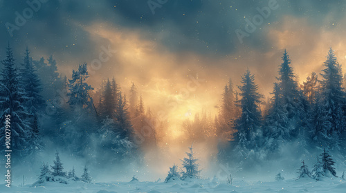 Christmas and New Year abstract festive background with winter forest and snowflakes