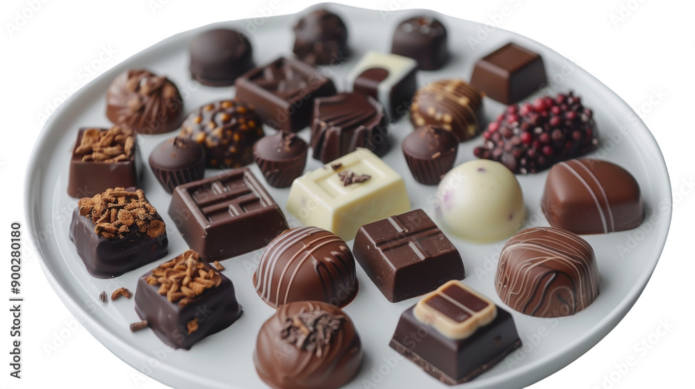 Decadent Assortment of Artisan Chocolates Displayed Elegantly on a White Plate Decadent Assortment of Artisan Chocolates Displayed Elegantly on a White Plate
