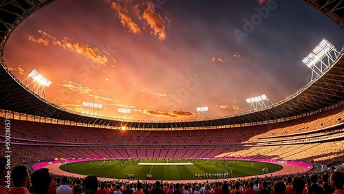 A stunning view of an Olympic stadium at sunset: the sky ablaze with warm hues of orange, pink, and gold, the stadium illuminated with dramatic lighting casting long shadows and creating a warm glow,  photo