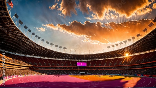 A stunning view of an Olympic stadium at sunset: the sky ablaze with warm hues of orange, pink, and gold, the stadium illuminated with dramatic lighting casting long shadows and creating a warm glow,  photo