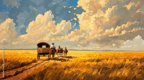 back view Horse Drawn Covered Wagon in golden meadow landscape.