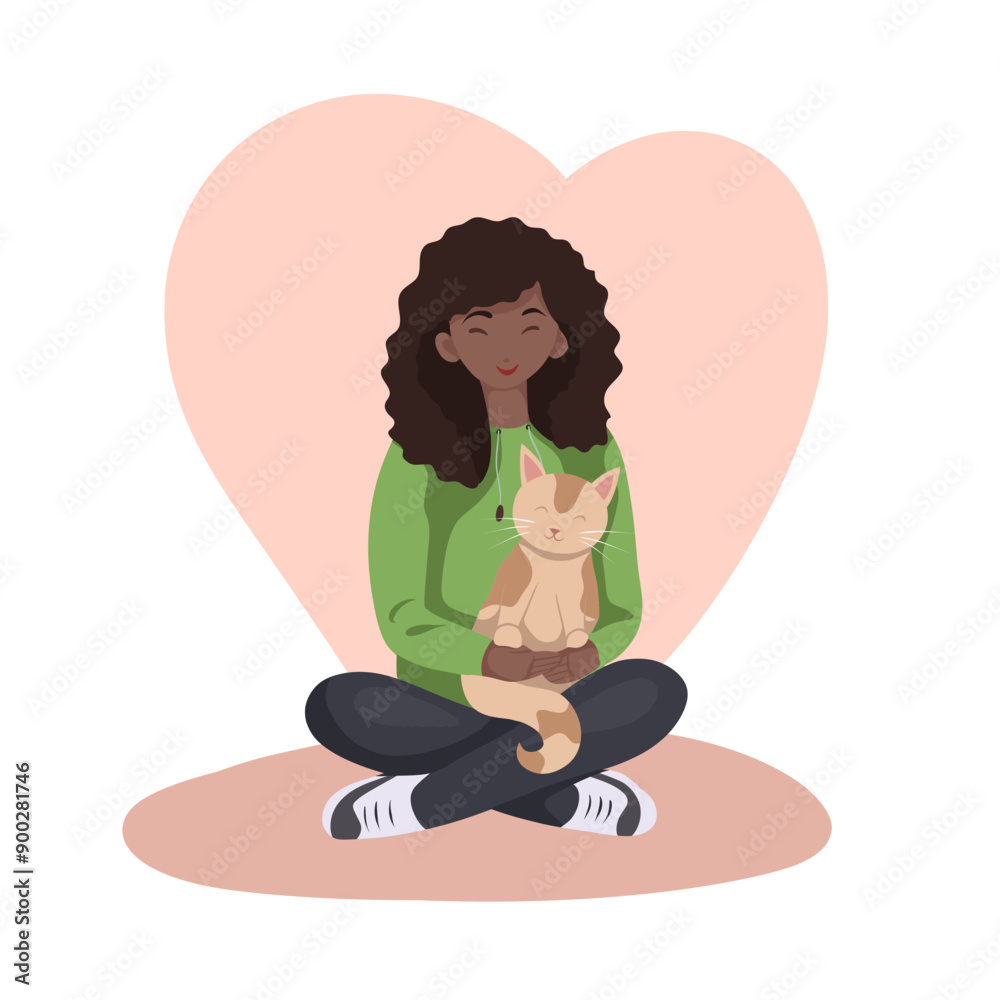 Vector clipart illustration of African volunteer girl with a cat on heart background in flat style. Adoption and rescue of homeless animals. Veterinary medicine and assistance