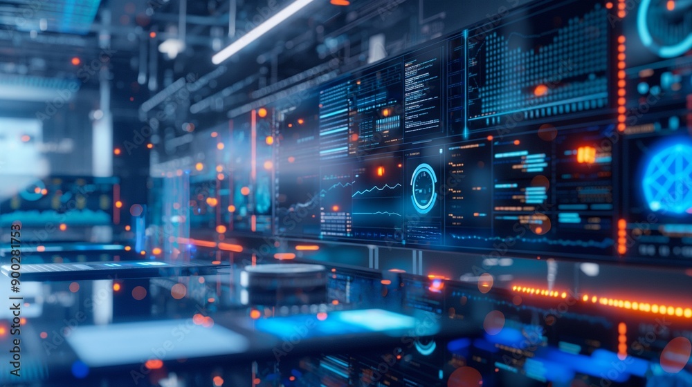 Fototapeta premium A high-tech workspace for a data scientist featuring a virtual data visualization environment, where complex datasets are explored through interactive 3D models.