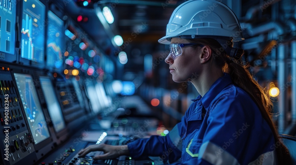 Industrial control room with a female engineer monitoring multiple screens. She is wearing a hard hat and safety glasses, surrounded by blue lights and high-tech equipment, Industrial control room with a female engineer monitoring multiple screens. She is wearing a hard hat and safety glasses, surrounded by blue lights and high-tech equipment,