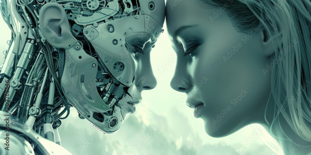 Close-up of a human and a robot intimately facing each other, highlighting the emotional and technological connection between them. The image explores themes of human-robot interaction, Close-up of a human and a robot intimately facing each other, highlighting the emotional and technological connection between them. The image explores themes of human-robot interaction,