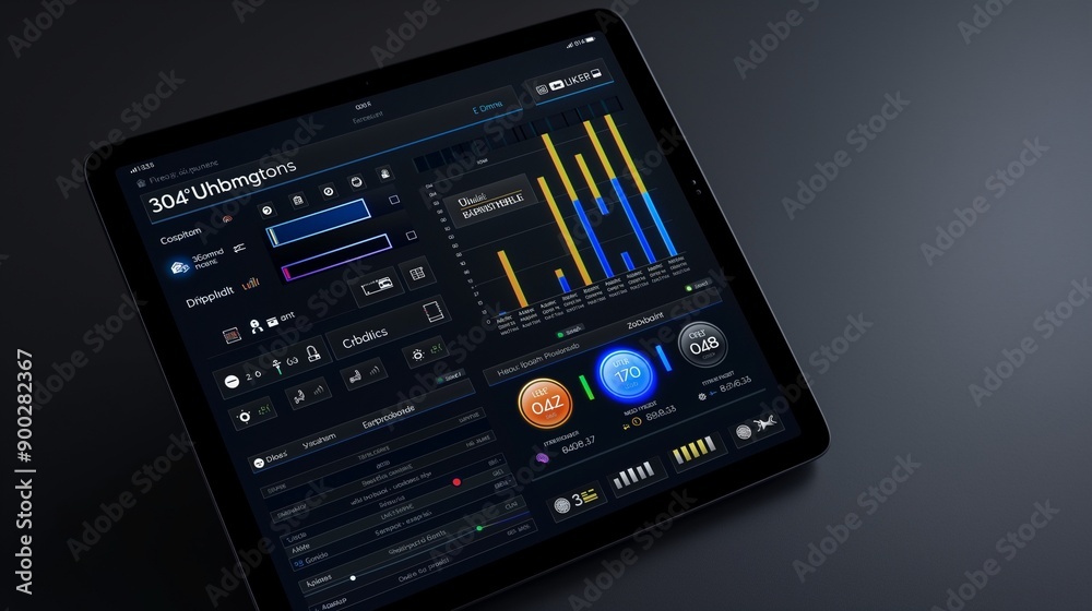 A home automation dashboard on a tablet, showing energy consumption statistics and controls for various IoT devices like lighting, heating, and security. A home automation dashboard on a tablet, showing energy consumption statistics and controls for various IoT devices like lighting, heating, and security.