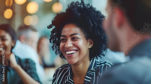 Smiling businesspeople having a discussion in an office