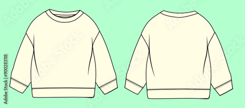 Boys and girls long sleeve drop shoulder terry fleece ecru sweatshirt flat sketch outline vector fashion illustration template.