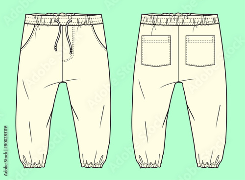 Boys terry fleece ecru elasticated cuff jogger flat sketch outline vector fashion illustration template.