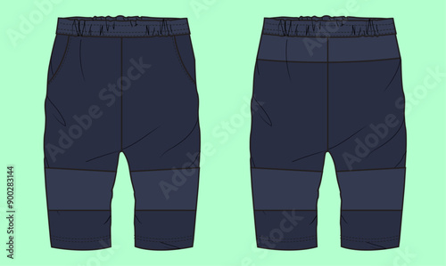 Baby terry fleece navy color pants flat sketch outline vector fashion illustration template.