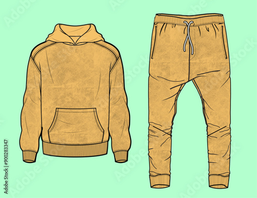 Boys and mens acid wash terry fleece hoodie and jogger flat sketch outline vector fashion illustration template.